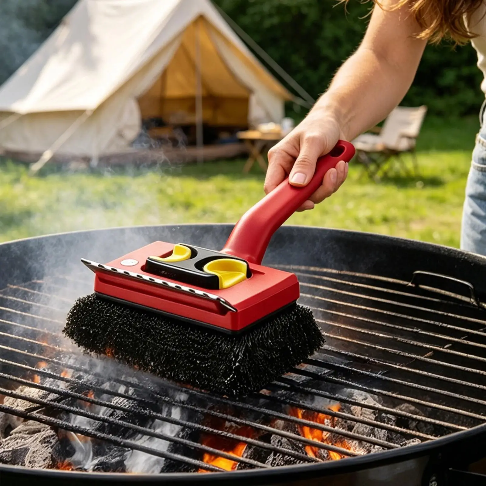 Outdoor Power Grill - فرشاة شواء كهربائية بمقبض طويل، تصميم
